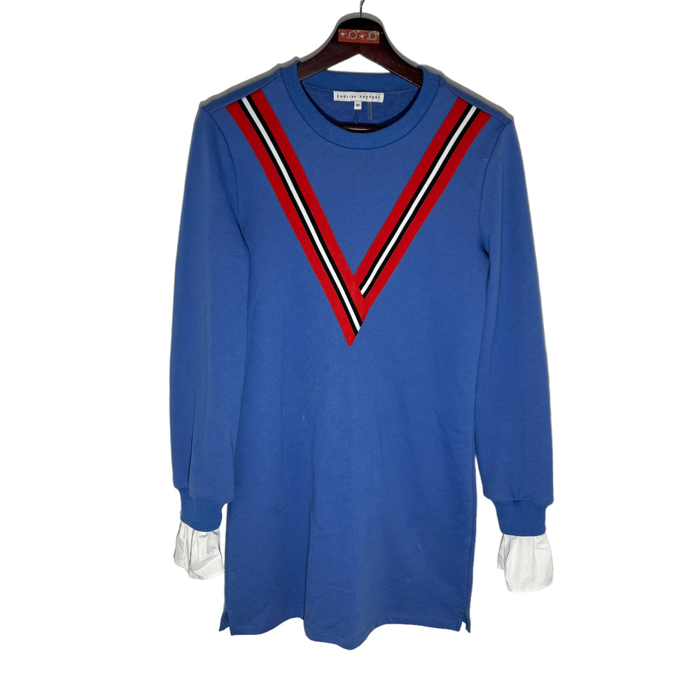 English Factory Womens Size XS Blue Sweatshirt Dress Peekaboo Cuffs Knit Shift